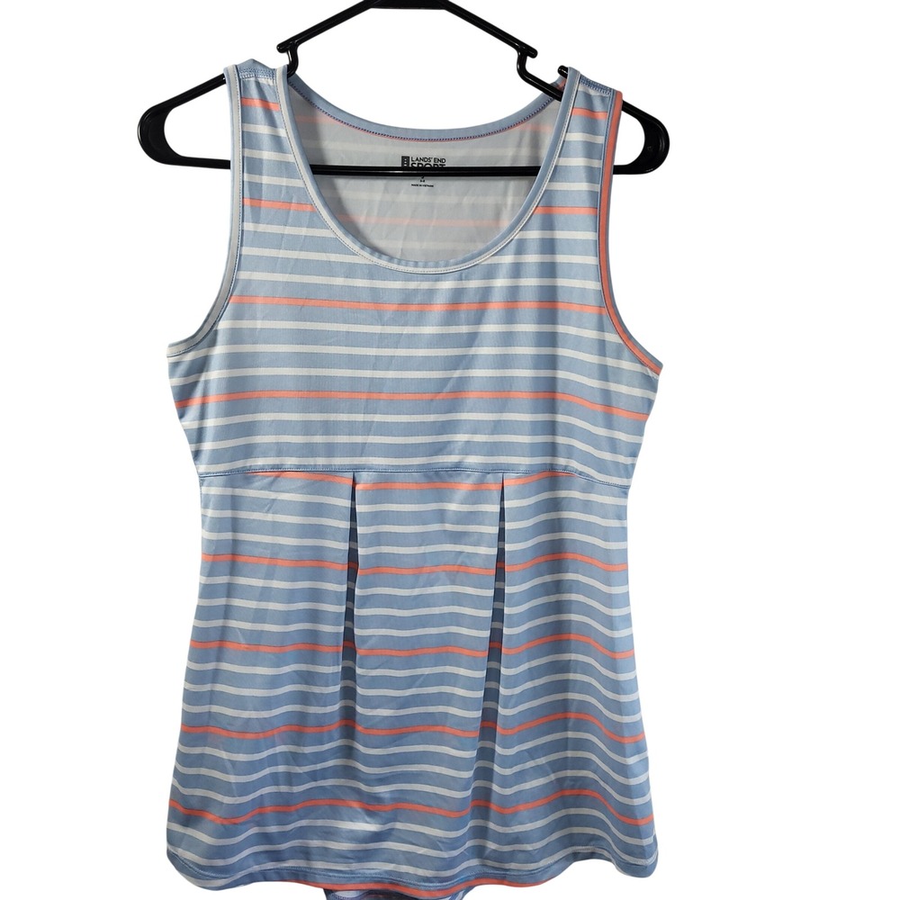 Lands End Womens Performance Tank Top‎ Striped Pleated Sleeveless Blue Orange XL